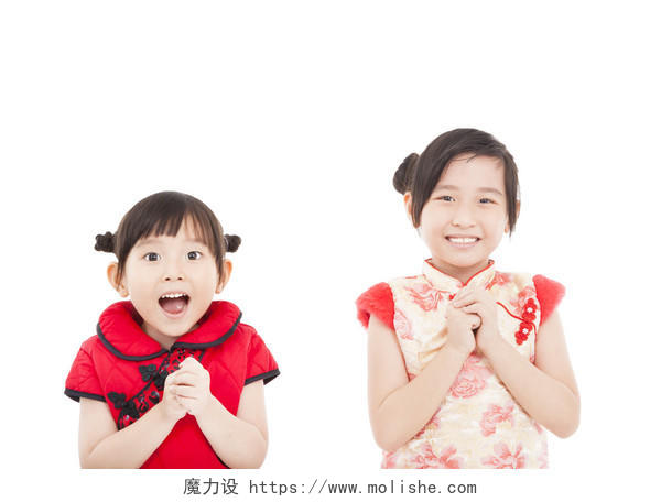 新春快乐两个亚洲女孩与祝贺手势新年习俗拜年